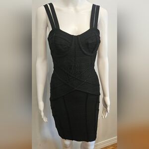 Black Ribbed Bandage Mini Dress Sweetheart Neckline